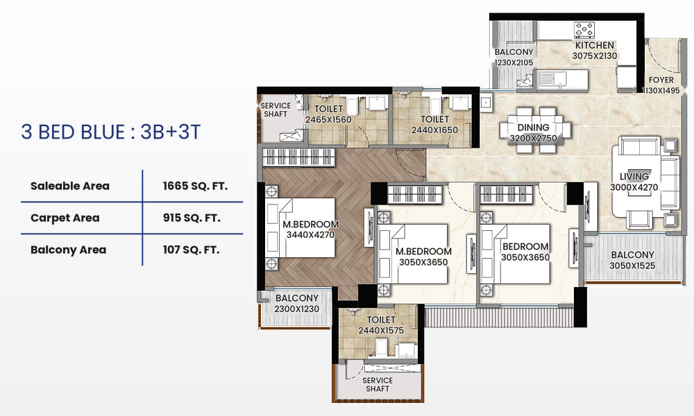 AcreRise Azure 3 BHK Blue unit plan